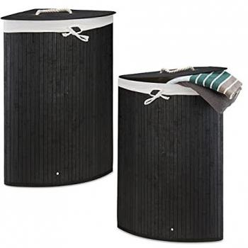 Set de 2 Cestos Ropa Sucia Esquineros Plegables con Tapa, Canasta de Bambú, 65 x 49,5 x 37 cm, Color Negro
