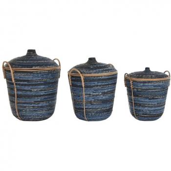 Juego de Cestas DKD Home Decor Azul Negro Boho 51 x 51 x 65 cm 3 Piezas