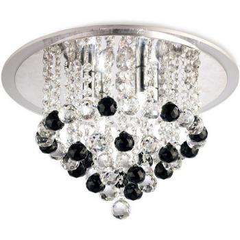 Lámpara de techo Atla 6 Bulbs cromo pulido con adornos acrílicos y cristal, suministrada con 25 esferas de cristal negro