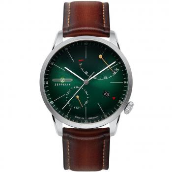 Zeppelin Flatline Automatic Men's Watch with Power Reserve Indicator, Brown Leather Strap, Dark Green Dial, 40mm 5ATM