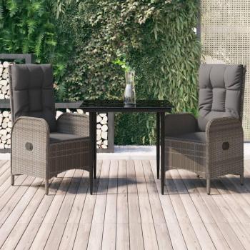 Set Comedor Jardín 3 Piezas con Cojines de Polyrattan Negro y Gris