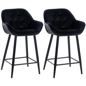 Set de 2 Taburetes de Bar Gibson en Terciopelo Negro con Reposapiés, Base de Metal