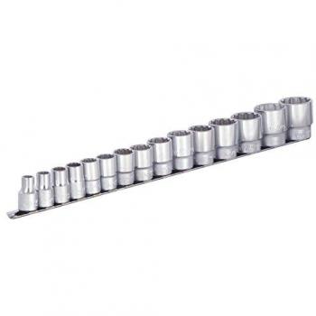 Unior Set de llaves de vaso estándar con soporte 15-piezas, incluye 15 llaves de vaso de 1/2 con 12 caras en regleta, tamaños desde 3/8 hasta 1.1
