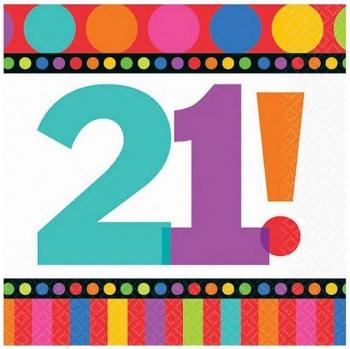 Servilletas Desechables de 21 Cumpleaños con Rayas y Puntos (Paquete de 16) Blancas
