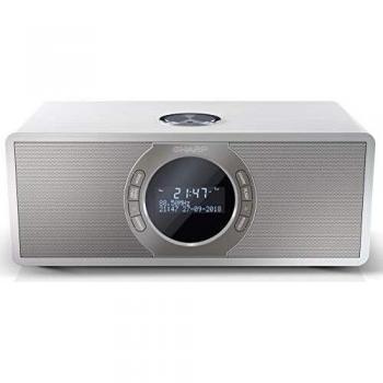 Sharp DR-S460 Radio Estéreo Despertador con Sintonizador DAB/DAB+/FM, Bluetooth 4.2, Entrada Auxiliar de 3.5mm, Potencia Máxima de 30W, Pantalla LCD en Blanco y Negro, Carcasa de Madera y Panel Frontal de Acero Inoxidable