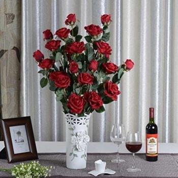 1x flores artificiales de Rose artificiales para la decoración del hogar sin jarrón y cesta, 1Bunch de la flor, Rojo