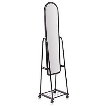 Espejo de Pie Darrel Negro Metálico con Ruedas, Cuerpo Entero, Almacenaje, Medidas: 37,5 cm (Largo) x 159 cm (Alto) x 38,5