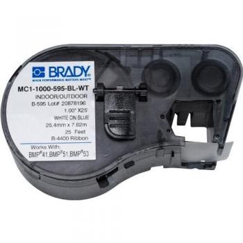 Cinta de vinilo blanco sobre fondo azul para impresora de etiquetas Brady BMP41, BMP51, BMP53, dimensiones 25,4 mm x 7,62 m