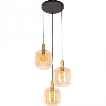 Lámpara colgante inteligente negra con latón y cristal ámbar de 3 luces, incluye 3 bombillas Wifi G95 - Zuzanna