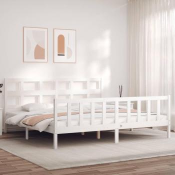 Estructura de cama de matrimonio con cabecero de madera maciza en color blanco