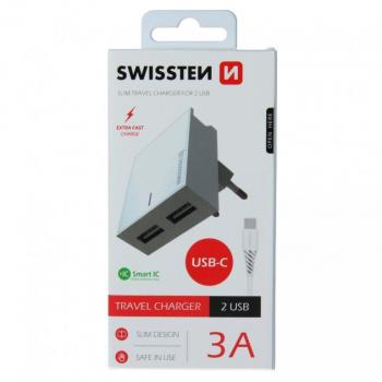 Cargador Doble USB 3A Smart IC + Cable USB-C 1,2m Blanco