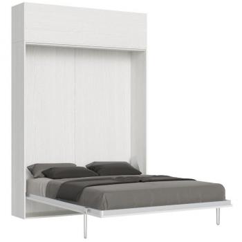 Cama abatible 140 Kentaro en fresno blanco con módulo a pared superior y armario vasistas