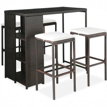 5-Piece Brown Poly Rattan Garden Bar Set with Cushions