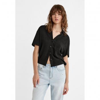 Stradivarius Black XL Short Sleeve Linen Blend Shirt