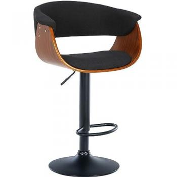 Taburete de bar Vestal ajustable en altura, 360° giratorio, con asiento de madera y base metálica, color nogal/negro, tapizado en tela