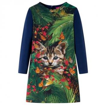 Vestido Infantil de Manga Larga Estampado de Gato Azul Marino 128