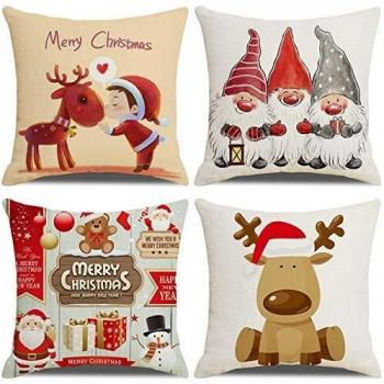 LAXEUYO Juego de 4 Christmas Cojin Fundas 45x45 cm, Tres Santas y Alce Algodón Lino Decorativa Hogar Almohadas Fundas para Sofá Cama Decoración para Hogar