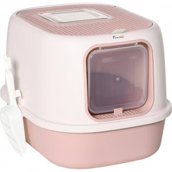 PawHut Caja de Arena para Gatos Arenero Cerrado con Bandeja Extraíble y Pala 40x53,5x37,5 cm Rosa
