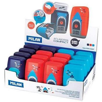 CONJUNTO DE SACAPUNTAS Y BORRADOR MILAN COMPACT SHARK ATTACK EN COLORES VARIADOS
