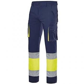 VELILLA 303007; pantalón de Alta Visibilidad 100% algodón, Bicolor y Multibolsillos; Color Azul Navy y Amarillo flúor, Talla S