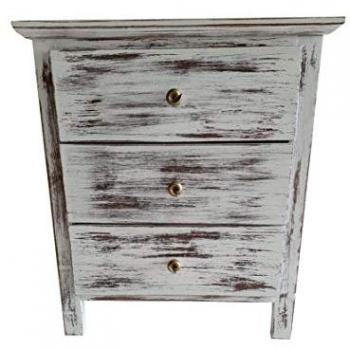 Mesita de Noche Artesanal de Madera de Pino con 3 Cajones en Acabado Blanco Envejecido - 50x35x58 cms - Fabricada en España