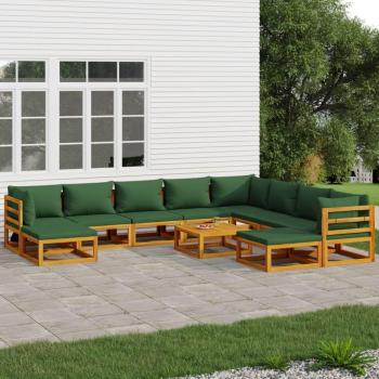 11-Piece Solid Wood Garden Lounge Set with Green Cushions