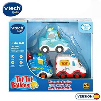 VTech TutTut Bólidos Pack de 3 vehículos con botón Sorpresa, Lula camión grúa, Nina la Ambulancia y Pilar Coche Familiar, Multicolor