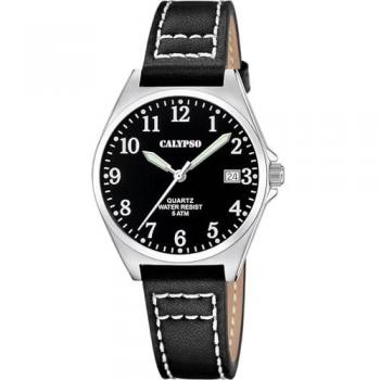 Reloj Calypso Basic K5869/4 Negro Mujer, Caja de Acero Inoxidable 316L Plateado, Correa de Piel Negro