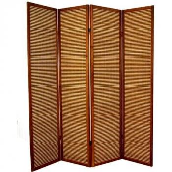 Biombo de madera castaño y bambú de 4 paneles PEGANE