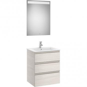 Conjunto de mueble de baño Roca The Gap con 3 cajones, lavabo y espejo con led, color Fresno nórdico, medidas: 605 mm