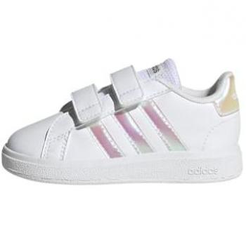 Zapatillas deportivas infantiles con velcro Adidas Grand Court, blancas con detalles iridiscentes, talla 19 EU