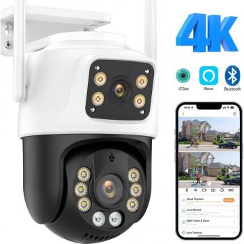 Cámara PTZ Exterior UE 4K 8MP HD Wifi IP con Doble Pantalla, Seguimiento Automático y Protección de Seguridad Inalámbrica CCTV iCSee 4MP