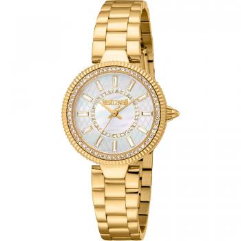 Just Cavalli Glam Chic Women's Analog Quartz Watch with Yellow Gold Strap and Antique White Mother of Pearl Dial