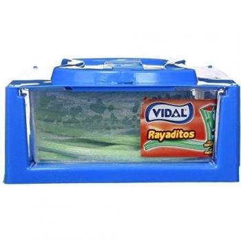 Vidal Golosinas Rayaditos Sandía. Regaliz Relleno con intenso sabor sandía. Color verde y su interior rosa. Bandeja 200 unidades
