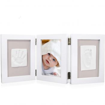 NIMAXI marco de fotos para bebé para huella de mano y pie 3D, Portafotos de madera con molde de yeso, blanco, 35x15cm