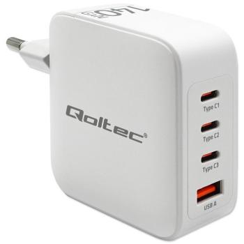 Cargador de Pared Qoltec 140W GaN 5-20V 2.5-5A 3 Puertos USB-C PD y 1 Puerto USB QC 3.0 Blanco