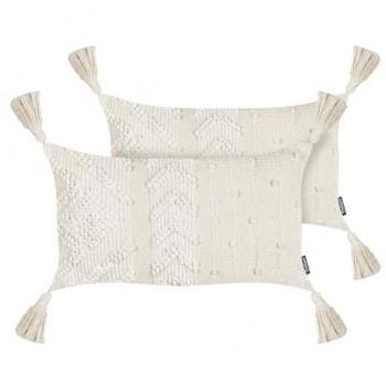 Conjunto de 2 cojines decorativos rectangulares con borlas 30 x 50 cm color blanco crema Valvaria