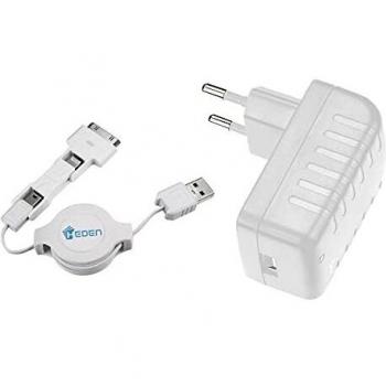 Cargador de pared 3 en 1 Heden con Micro USB y 2 conectores Apple, cable retráctil de 80 cm, color blanco