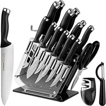 ACOQOOS Juego de Cuchillos de Cocina con Soporte Acrílico, Cuchillos Cocina 18 Piezas Set, Hecho de Acero Alemán X50Cr15, Súper Afilado, Diseño ergonómico