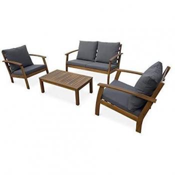 Conjunto de Jardín de Madera Ushuaïa para 4 Plazas con Cojines Grises, Sofá, Sillones y Mesa de Centro en Acacia