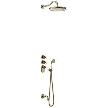 Kit de bañera termostático empotrado Tres-Clasic Color, 3 vías, ducha fija de 310 mm de diámetro con rótula, caño bañera, 57 x 31 x 53,1 centímetros, color latón viejo