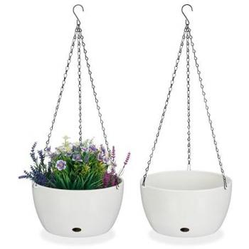 Pack 2 Macetas Colgantes con Depósito de Agua, 67x28,5 cm, Maceteros para Interior y Exterior, Plástico Blanco - Relaxdays
