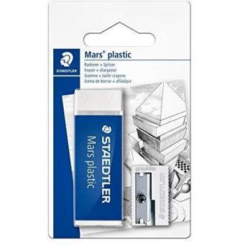 Staedtler Mars Plastic 526-S3BK2D. Blíster con una goma de borrar blanca con faja de cartón y un sacapuntas de acero.