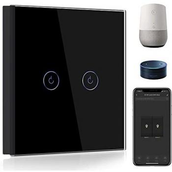BSEED WiFi Interruptor de Luz 2 Gang 1 Vía Interruptor Inteligente con panel de vidrio templado Negro,Compatible con Alexa y Google Home, Control de APP y Función de Temporizador, Neutral Requerido