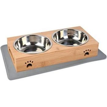 BOENTA Comedero para Perros Gatos, Cuenco Doble Elevado para Perros con Soporte de Bambú, Comedero de Acero Inoxidable con Silicona Alfombrilla
