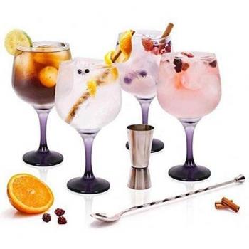 Inde 104643 Set Gin Tonic con 4 Copas de Balón/Vaso Dosificador/Cuchara Mezcladora y Recetario, Multicolor, Plastic