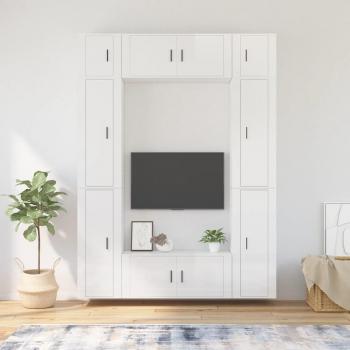 Set de muebles de TV 8 piezas en madera contrachapada blanca pulida brillante
