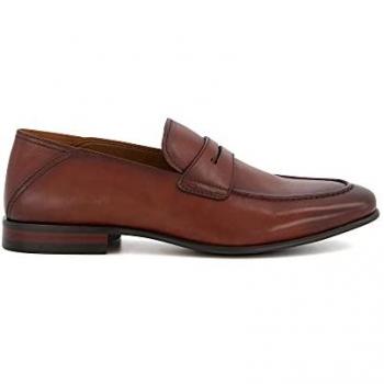 Dune London Sync Tan Leather Penny Loafers with Crush Back Heel for Men