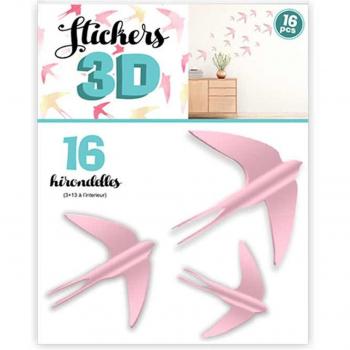 Stickers 3D 'Golondrinas' Rosa - Pack de 16 - Hoja 30x22 cm Brillante