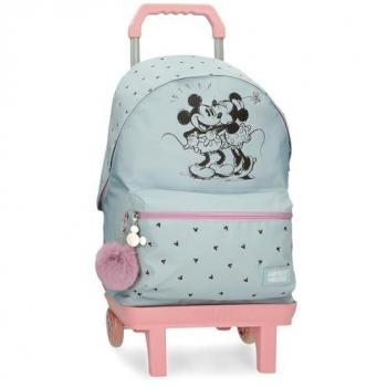 Mochila Escolar Disney Mickey y Minnie Kisses con Portaordenador y Carro Azul, Casual, Poliéster, 32x42x15 cms, 20.46L